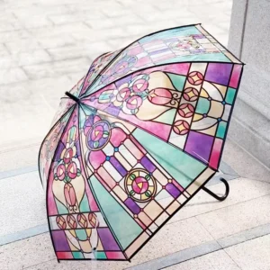 Vintage Transparent Parasol Umbrella with Curved Handle and Church Design