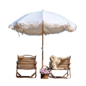 Vintage White Outdoor Pool Patio Fringe Beach Umbrella with Tassels, Pagoda Style