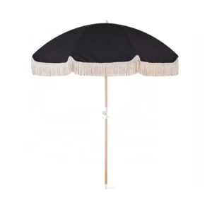 Vintage Wooden Beach Umbrella Sun Protection Patio Sunshade Tassel Design