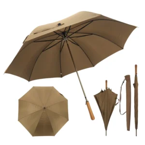Vintage Wooden Handle Golf Umbrella Classic Brown Honeycomb Texture Windproof Large Straight Umbrella with Shoulder Strap Bag