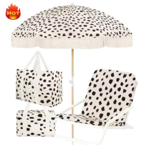 Vintage Wooden Pole Fringed Canvas Outdoor Beach Umbrella for Folding Recliner Chairs and Cooler Bags