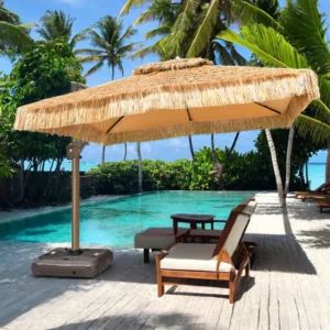 Waterproof Artificial Thatch Umbrella UV-Resistant Patio Sunshade Steel Frame Tilt Function for Poolside Garden Cafe
