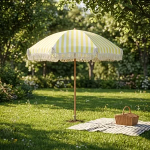 Waterproof Tassel-Edge Wood Pole Outdoor Sun Umbrella, Rotatable Beach Pool Umbrella for Garden Courtyard