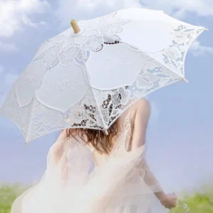 Wedding Umbrella Western style Bride Wedding Photography Umbrella with Hollow Lace Design Modern Wood Handle 190T Nylon Fabric