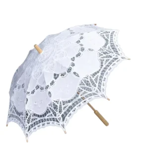 Wedding White Lace Straight Umbrella with Elegant Handle Manual Control