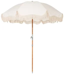 White Beach Parasol with Tassel Trim and Wooden Pole for Gardens, Patios, and Weddings