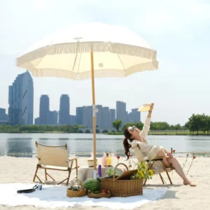 White Beach Tassel Umbrella with Fringe UPF 50+ 98% UV Protection Wood Pole Aluminum Hinge Antique White