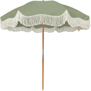 White Beach Umbrella Outdoor Wooden Pole Parasol with Tassels & Fringe Sun Shade for Garden Patio Resort Events