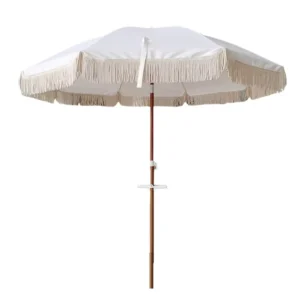 White Boho Beach Parasol, Wooden Pole, Tassels, Sun Shade