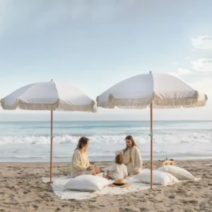 White Boho Outdoor Furniture Patio Macrame Vintage Beach Umbrella Wooden Pole Tassels Fiberglass Frame 250g Polyester Cotton