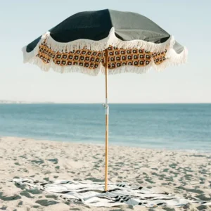 White Boho Patio Macrame Vintage Beach Umbrella, Wooden Pole, Cotton Canvas, Bali Style, Tassel Fringe