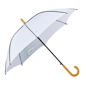 White Double-Frame Auto-Opening Straight Umbrella with Wooden Handle