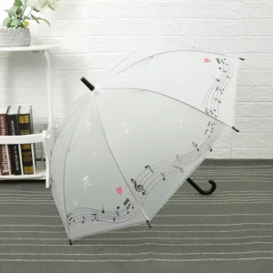 White EVA Straight Umbrella with J-Handle and Music Notes Print