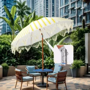 White Fringe Beach Umbrella, UPF 50+, 98% UV Protection, Wood Pole, Aluminum Hinge