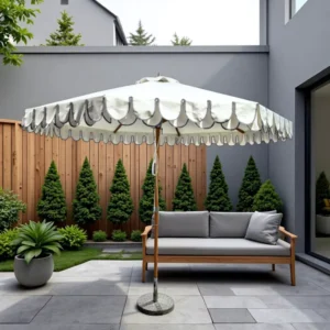 White Fringe Waterproof Patio Umbrella with Granite Base Wood Pole for Outdoor Use