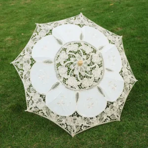 White Ivory Cotton Lace Parasol Small Manual Control Sun Umbrella for Brides Wedding Umbrellas with Fabric Fabric