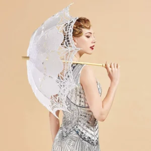 White Ivory Cotton Lace Parasol Small Manual Control Sun Umbrella for Brides Wedding Umbrellas with Fabric Fabric