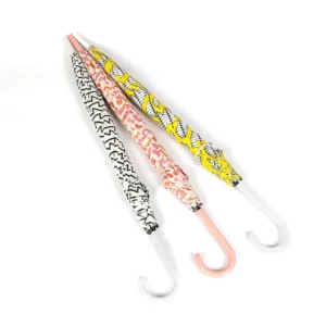 White J Handle Digital Printing Polyester Sleeve Yellow Straight Rain Umbrella Fiberglass Frame Logo