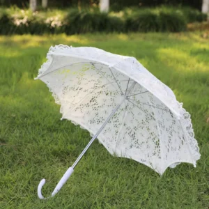 White Lace Alloy European Style Wedding Bridal Photography Dance Performance Decorative Long Handle Craft Umbrella