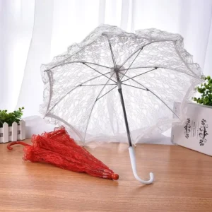 White Lace Flower Wedding Umbrella with Stainless Steel Long Handle for Bridal Shower Ceremony Walk Down Aisle Decoration