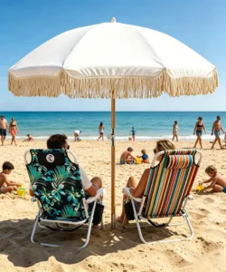 White Macrame Beach Patio Umbrella Wooden Pole Cotton Cloth Tassel Fringe