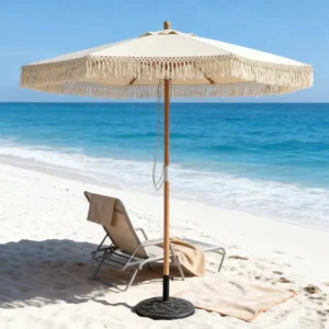 White Macrame Vintage Beach Parasol with Aluminum Wooden Pole, Cotton Cloth, Tassel Fringe