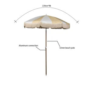 White Outdoor Beach Parasol with Tassel Fringe, Aluminum Garden Umbrella