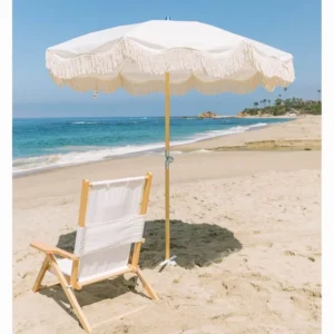 White Outdoor Macrame Vintage Parasol Umbrella With Wooden Pole Water-Resistant Cloth Tassel Fringe