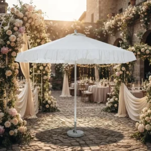 White Ruffled Aluminum Alloy Center Pole Patio Umbrella with 30 kg Stone Base, Pulley Lift, and Opening Mechanism