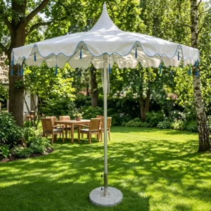 White Scalloped-Edge Pagoda Beach Parasol Umbrella for Weddings and Pools with Fringe