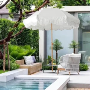 White Tassel Waterproof Foldable Beach Sunshade Umbrella with Wooden Pole for Courtyard Use