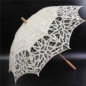 White Wedding Lace Parasol Umbrella with Wooden Handle Folding Hanging Function for Bride’s Party Decorations Photo Props