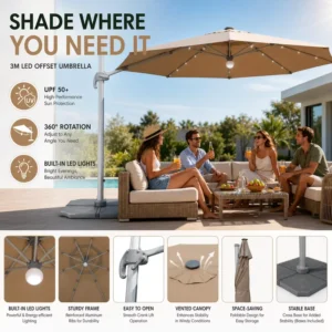 Wind Resistant Aluminum Side Umbrella LED Lit Roman Parasol Custom For Outdoor Restaurants Patios Farmhouse Porch
