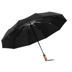 Wind-Resistant Solid-Color Men’s Super Thick Full-Automatic Dual-Use Folding Wood Umbrella with Rope