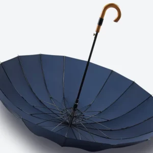 Windproof 16-Rib Auto-Open Wooden J-Handle Long Umbrella with PU Leather
