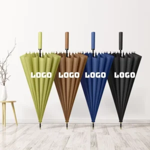 Windproof 16-Rib Long Handle Solid Color Leather Handle Straight Rain Umbrella
