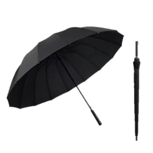 Windproof 16 Rib Straight Umbrella 27 Inch Large Manual Long Handle 190T Fiber Men’s Umbrella Black