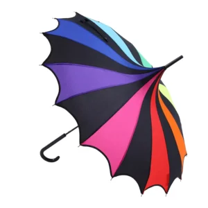 Windproof 16-Steel-Rib Straight Umbrella with Rainbow Design, 190T Nylon Sun and Rain Protection