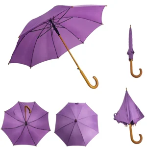 Windproof 8 Bone Straight Stick Umbrella Waterproof Purple Umbrella With Wooden Crook Handle for Daily Use Custom Logo