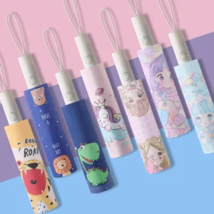 Windproof Automatic Children’s 3-Fold Rain Umbrella with UV Protection and Logo Print