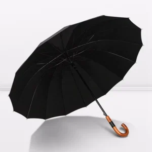 Windproof Fiberglass Wood J Handle Golf Umbrella with Semi-Automatic Opening Custom Logo Promotional Business Gift 16 Ribs