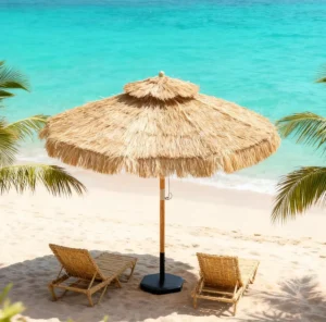 Windproof Modern Outdoor Beach Umbrella with Tassels Wood Furniture Parasol for Courtyard and Hotel Use