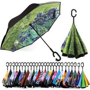 Windproof Pongee Fabric Fiberglass Ribs Inverted Reverse Umbrella with Logo Printed