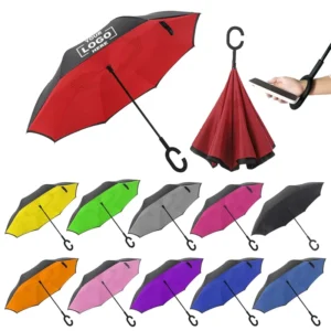 Windproof Reverse Folding Umbrella with C-Shaped Handle, Double Layer, UV Protection