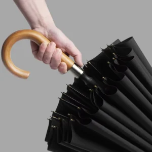 Windproof Straight Umbrella with Crooked Wood Handle and Logo Printing