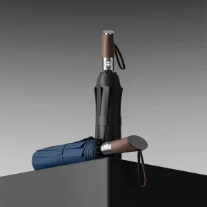 Windproof UV Protection Automatic Travel Umbrella 10-Rib 3-Fold with Wood Handle