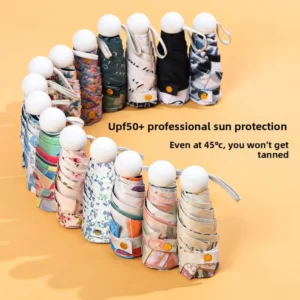 Women UV Protective Black Coated All Purpose Capsule Style Portable Five Folding Small Floral Mini Manual Sun Umbrella