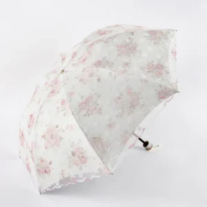 Women’s Adults Manual Dual-Use Double-Layer Three-Folding Travel Sun Rain Umbrella UV Protection Embroidered Lace Classic
