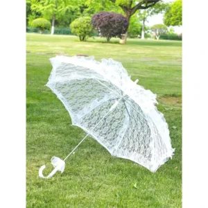 Women’s White Lace Bridal Umbrella Semi-Automatic Princess Wedding Dress Photo Props Elegant Adult Props Decoration