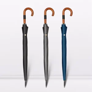 Wood Curved Hook Straight Umbrella Windproof Rib Pongee Fabric Custom Logo Business Rain Parasol